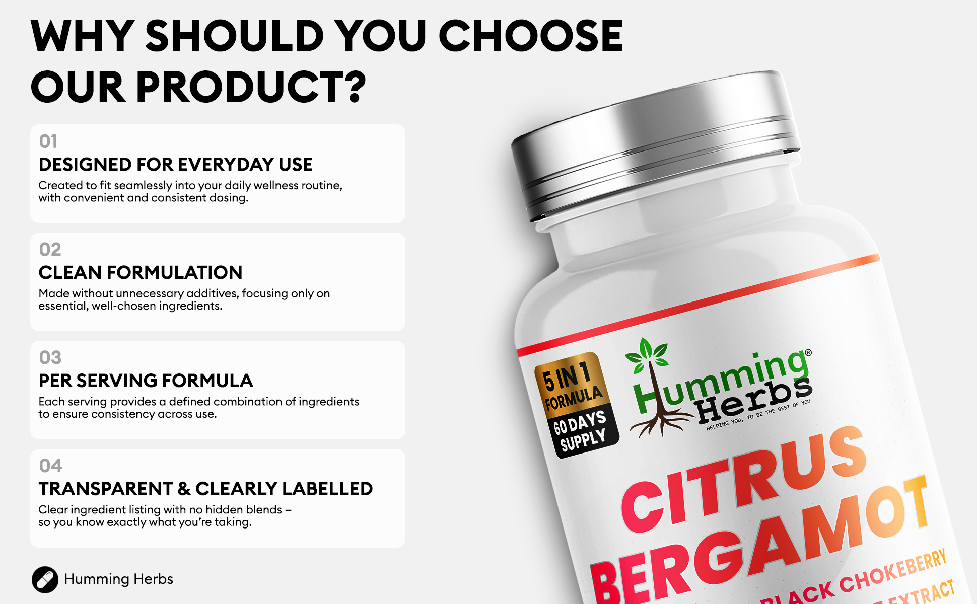 Picture of Humming Herbs Citrus Bergamot Capsules 120 — 5-in-1 Formula