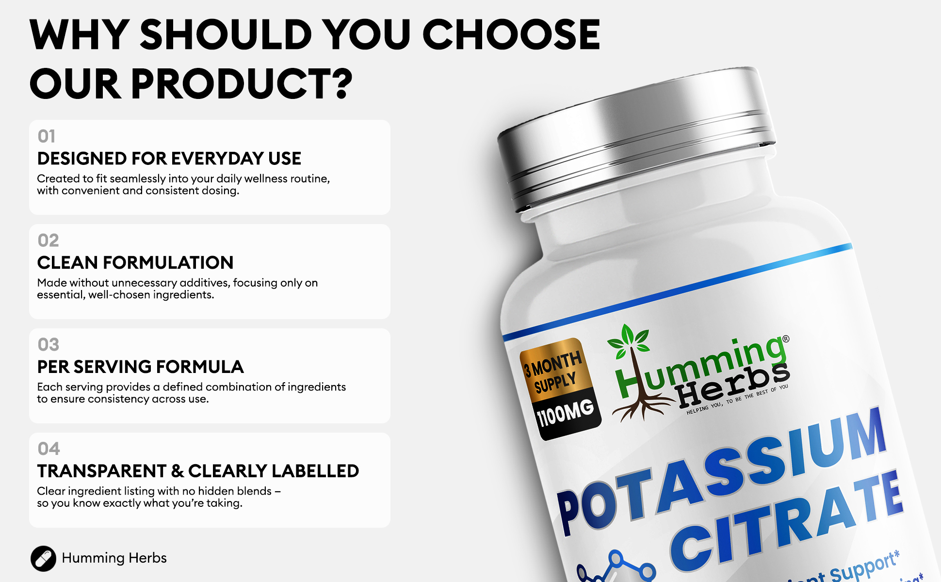 Picture of Humming Herbs Potassium Citrate Capsules 1100mg – 180 Capsules
