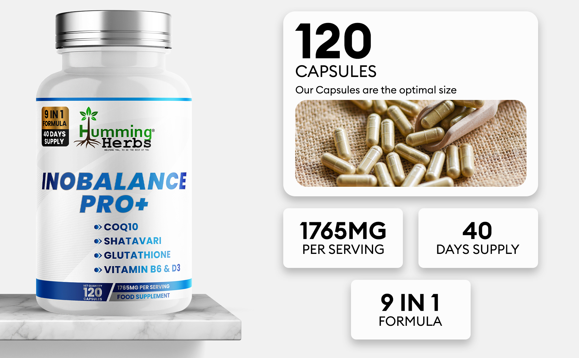 Inobalance Pro+ facts: 1765mg per serving, 9-in-1 formula