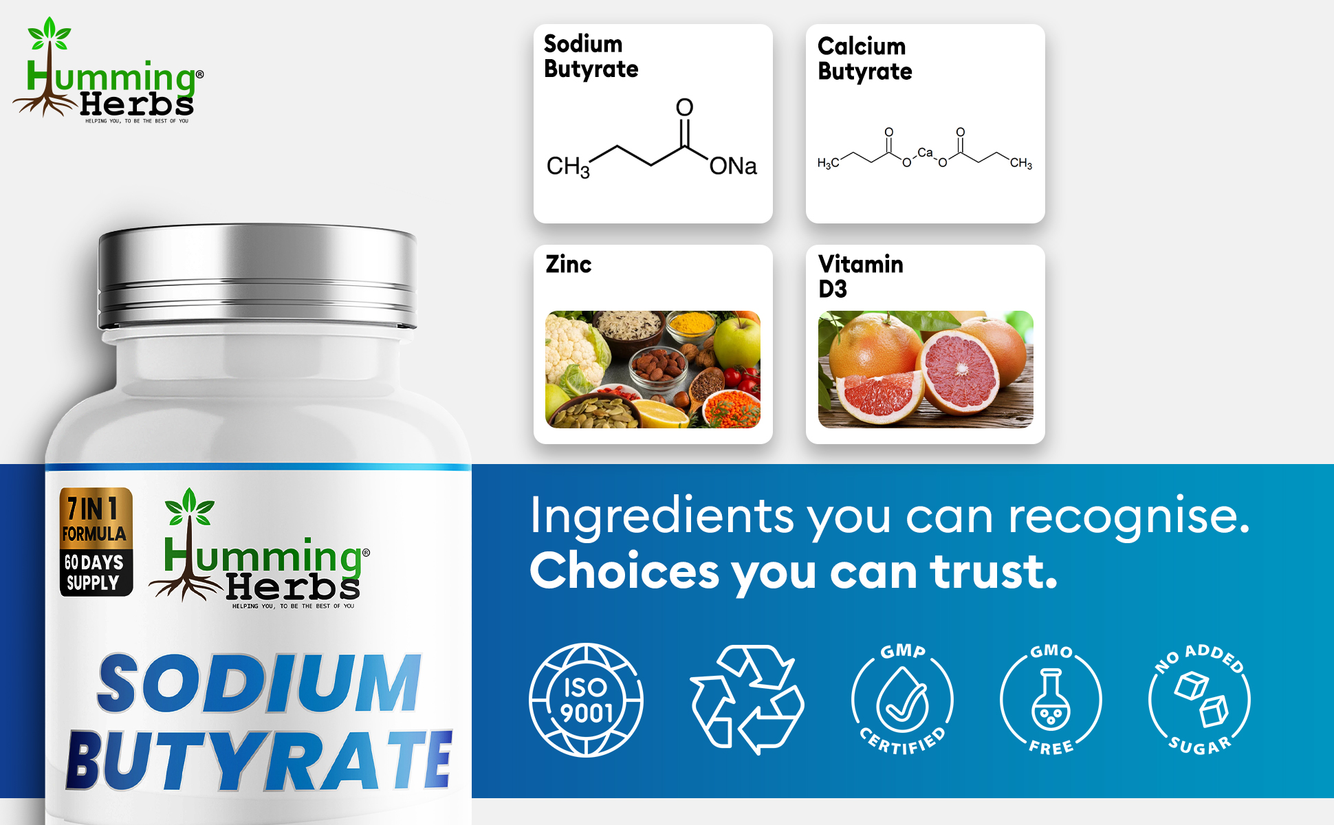 Sodium Butyrate facts: 1307mg per serving, 7-in-1 formula