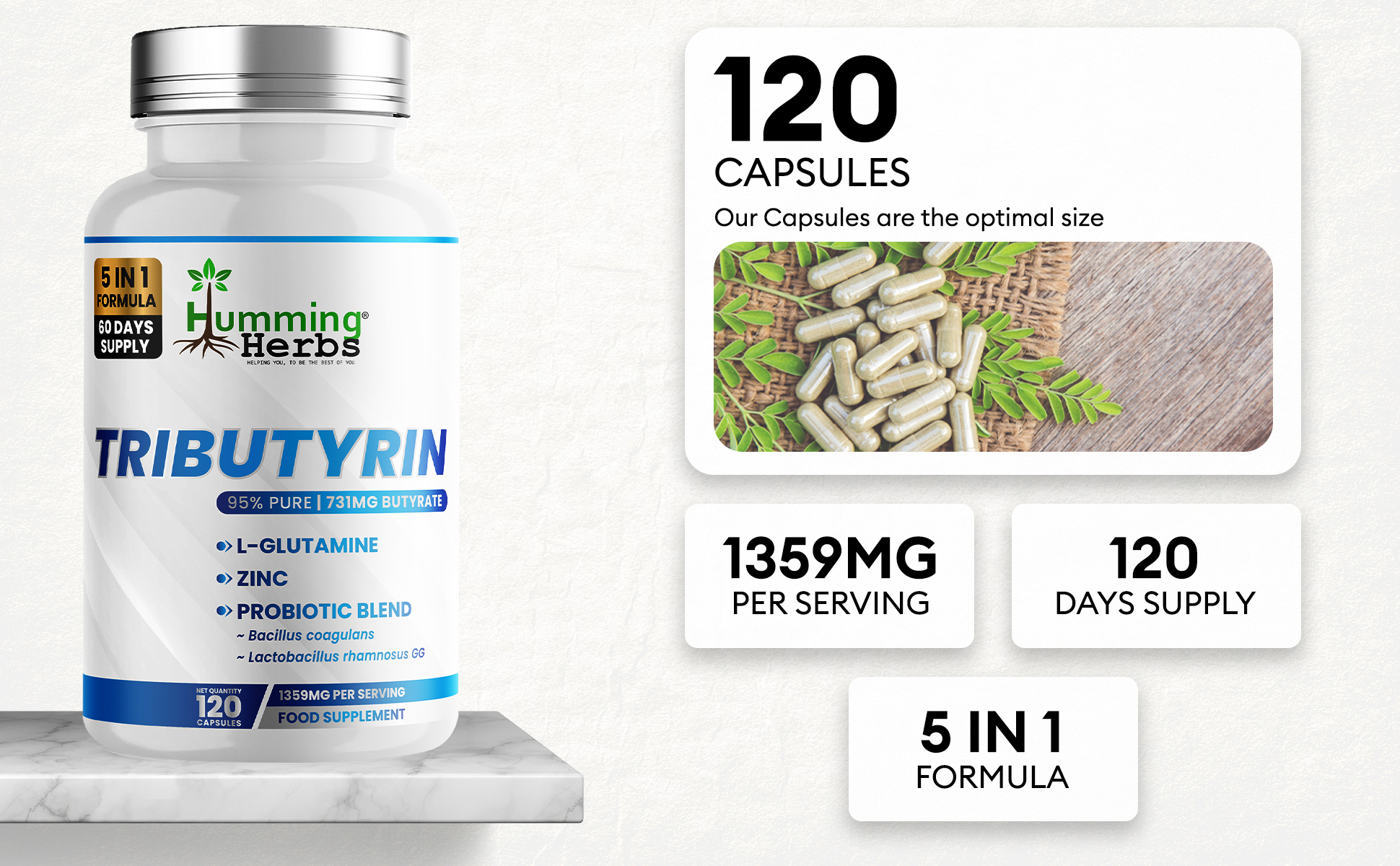 Picture of Humming Herbs Tributyrin Capsules 120 | 5-in-1 Formula