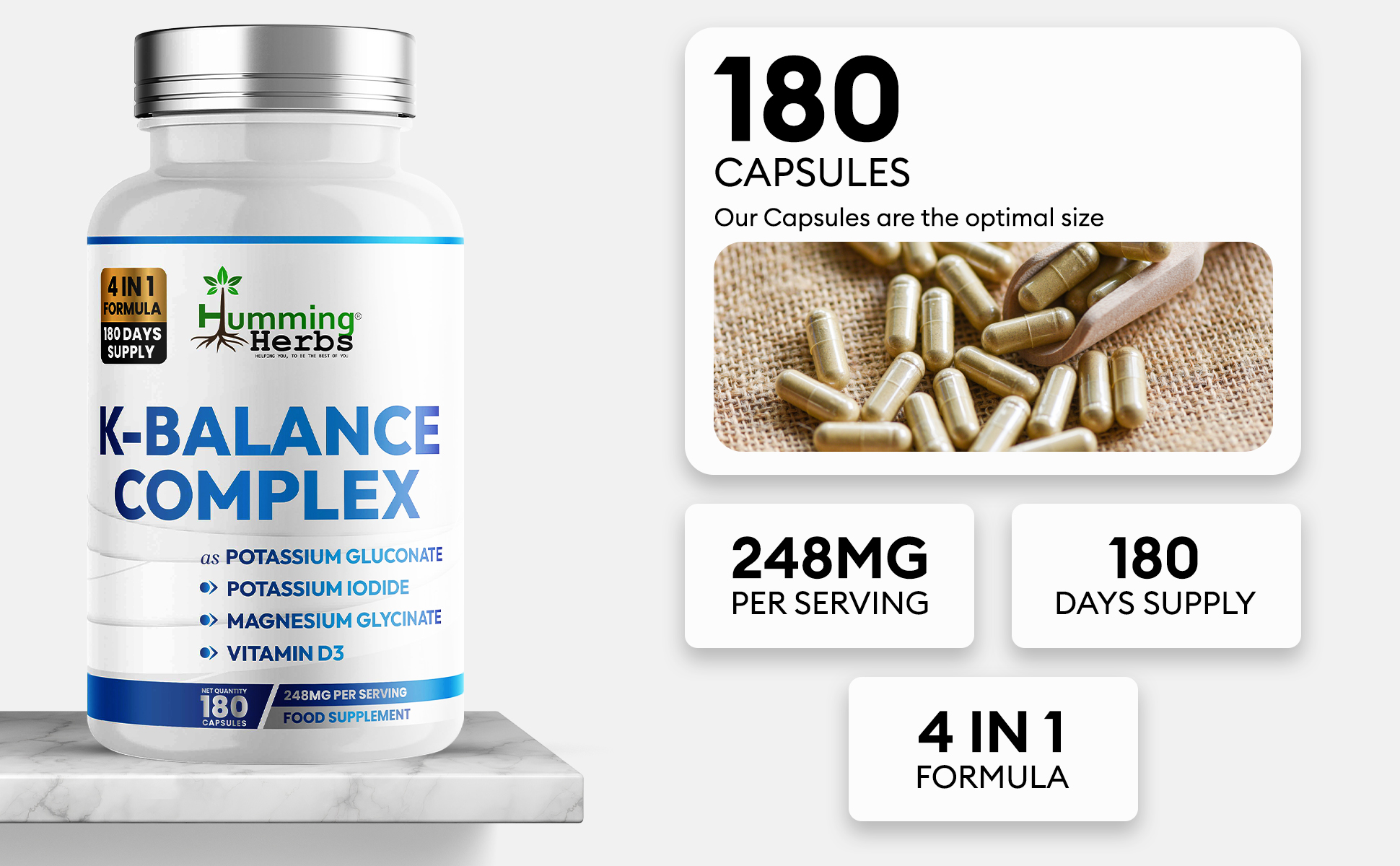 K-Balance Complex facts: 248mg per serving, 4-in-1 formula, 180-day supply