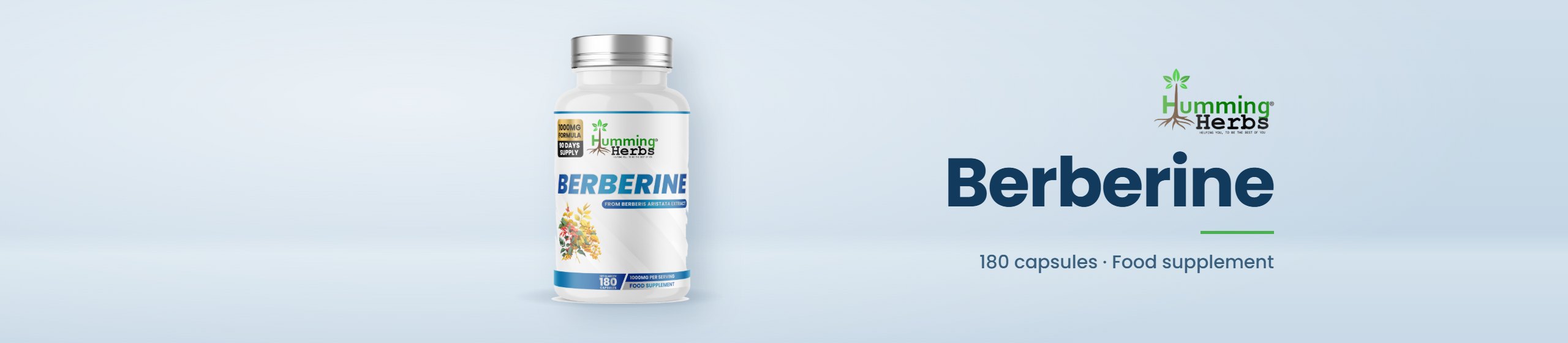 Humming Herbs Berberine capsules showing the front-of-pack label and food supplement statement